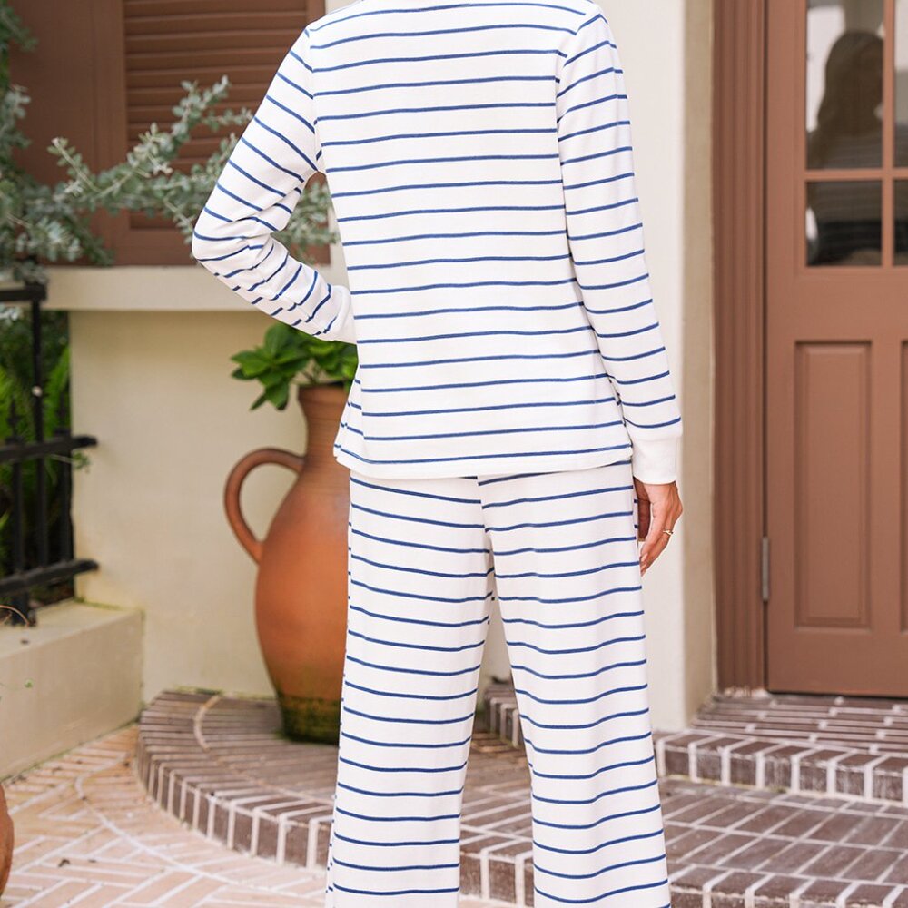 B300 Sail Blue Striped Long Sleeve Pullover and Wide Leg Pants Set - Picture 2 of 8